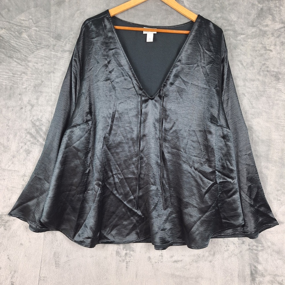 Womens Top 3X Black Satin Flare Sleeve Dark Romantic Ren Fair Renaissance Goth